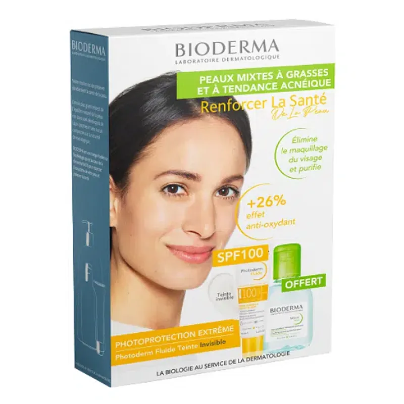 BIODERMA PHOTODERM PACK DUO PEAUX SENSIBLE À GRASSES ET À TENDANCE ACNÉIQUE FLUIDE MAX INVISIBLE SPF100 40ML+ SEBIUM H2O 100ML