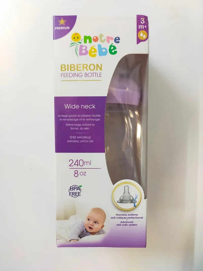 NOTRE BEBE BIBERON WIDE NECK SANS POIGNEE +3MOIS 240ML REF NB309