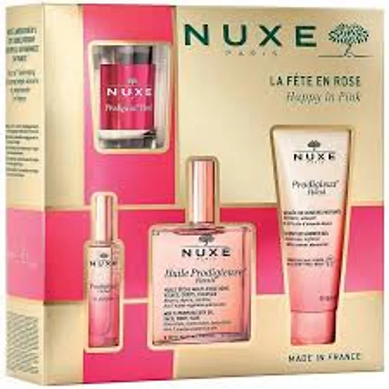 NUXE COFFRET LA FETE EN ROSE HUILE PRODIGIEUSE FLORAL 100ML + PRODIGIEUX FLORAL GELEE DE DOUCHE 100ML + PRODIGIEUX FLORAL LE PARFUM 15ML + PRODIGIEUX FLORAL BOUGIE D INTERIEUR 70G