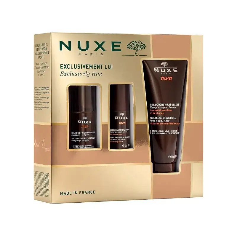 NUXE COFFRET MEN EXCLUSIVEMENT LUI GEL DOUCHE MULTI-USAGES 200ML + GEL MULTI-FONCTIONS HYDRATANT 50ML + DÉODORANT PROTECTION 24H 50ML