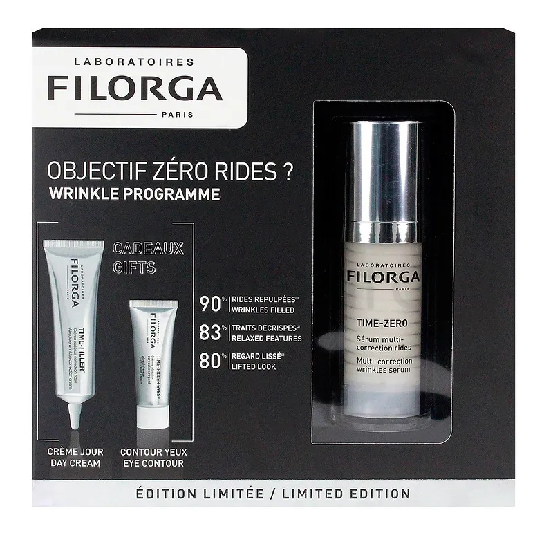 FILORGA COFFRET OBJECTIF ZERO RIDES TIME-ZERO SERUM MULTI-CORRECTION RIDES 30ML + TIME-FILLER CREME JOUR 30ML + TIME-FILLER CONTOUR DES YEUX 4ML