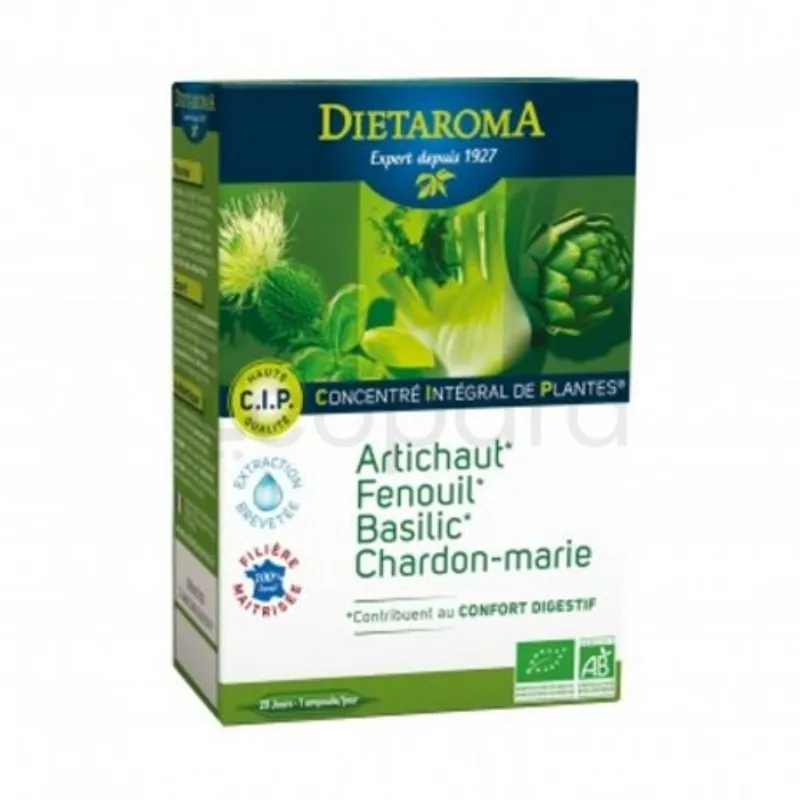 DIETAROMA DIGESTION BIO ARTICHAUT FENOUIL BASILIC CHARDON-MARIE C.I.P BOITE DE 20 AMPOULES