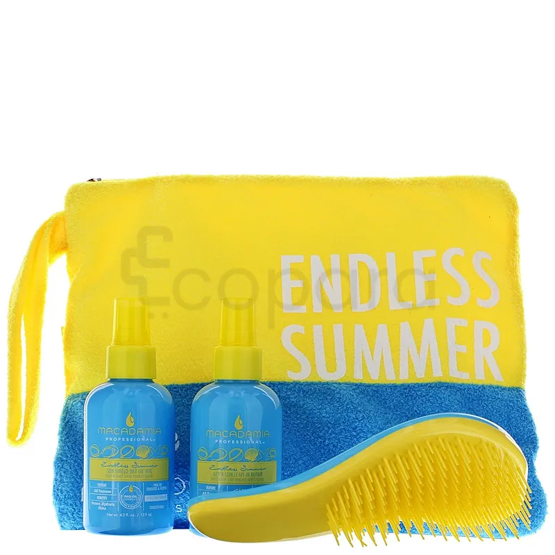 MACADAMIA ENDLESS SUMMER TRAVEL SUN SHIELD DRY OIL VEIL + AFTER SUN LEAVE IN REPAIR + BROSSE