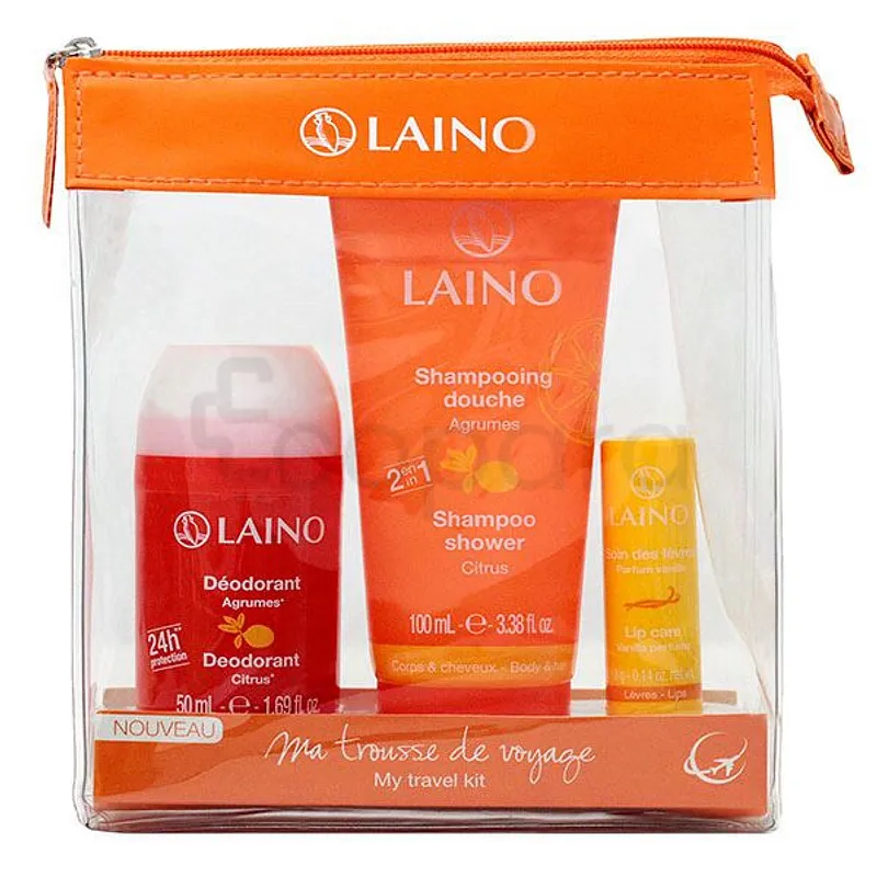 LAINO PACK MA TROUSSE DE VOYAGE ORANGE AGRUMES SHAMPOOING DOUCHE 100ML + DEODORANT 50ML + SOIN DES LEVRES