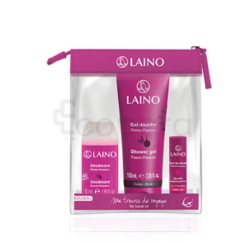 LAINO PACK MA TROUSSE DE VOYAGE MAUVE PECHE PASSION GEL DOUCHE 100ML + DEODORANT 50ML + SOIN DES LEVRES