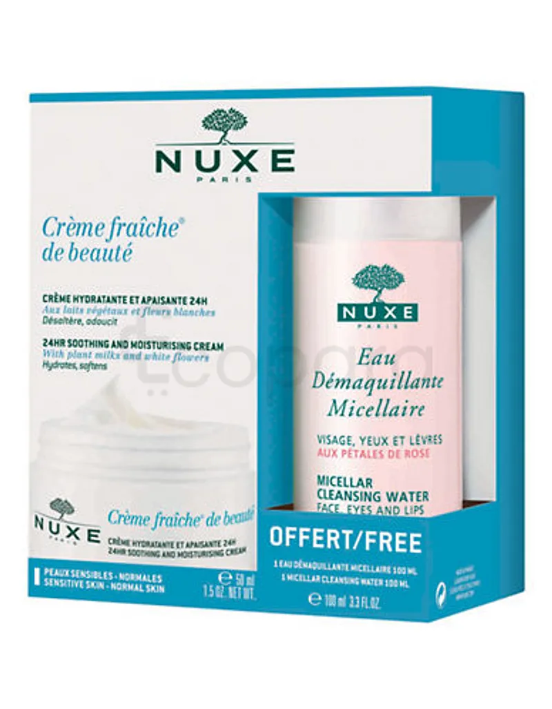 NUXE CREME FRAICHE DE BEAUTE CREME HYDRATANTE ET APAISANTE 24H 50ML + NUXE EAU DEMAQUILLANTE MICELLAIRE AUX PETALES DE ROSE 100ML OFFERT