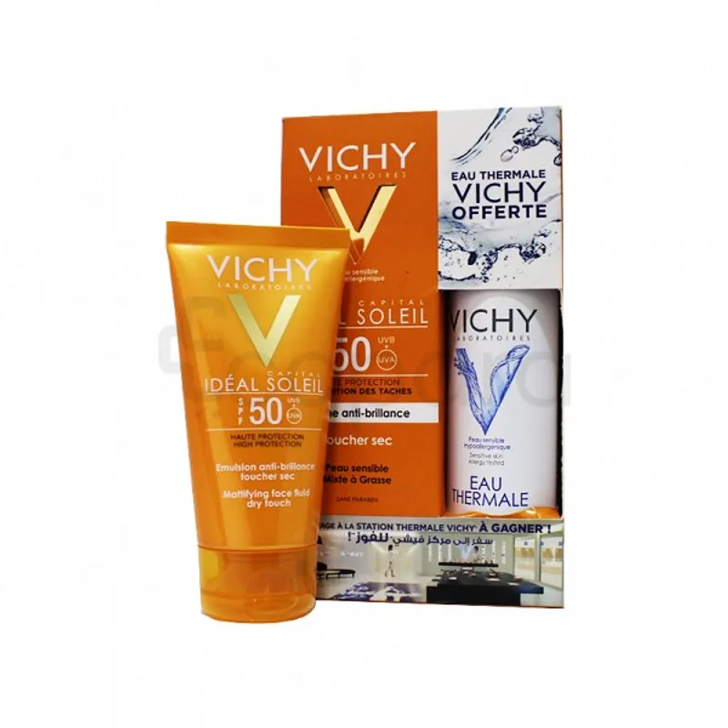VICHY IDEAL SOLEIL CREME OCTUEUSE PERFECTRICE DE PEAU SPF50 50ML + VICHY EAU THERMALE OFFERTE