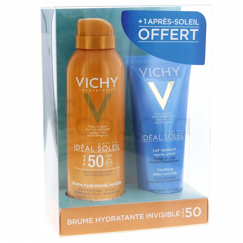 VICHY IDEAL SOLEIL BRUME HYDRATANTE INVISIBLE SPF50 200ML + VICHY IDEAL SOLEIL LAIT APAISANT APRES SOLEIL 100ML OFFERT