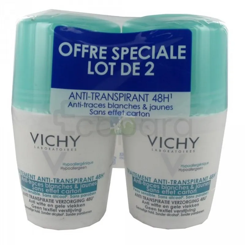 VICHY DEODORANT ANTI-TRANSPIRANT 48H ANTI TRACES BLANCHES ET JAUNES ROLL-ON 50ML BOITE DE 2