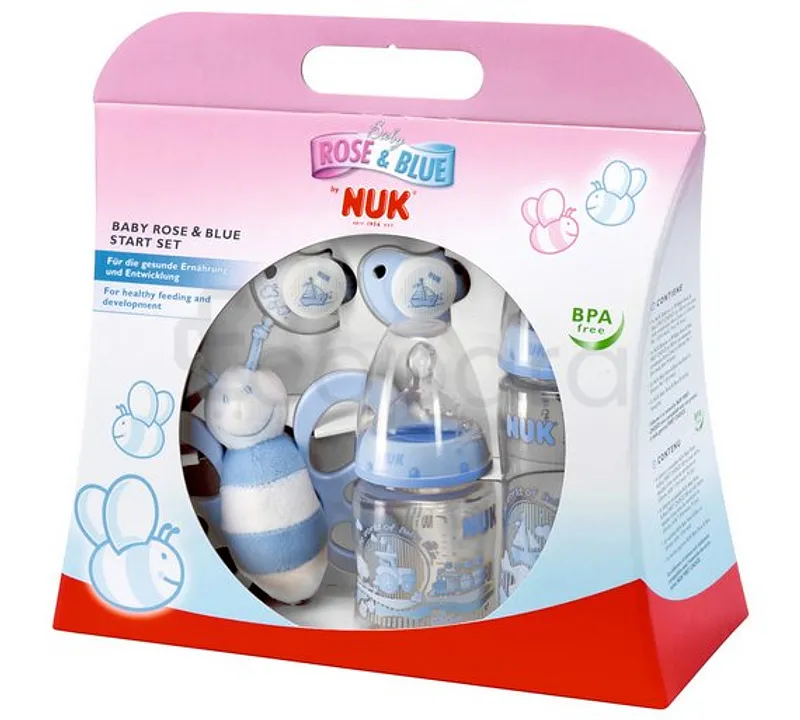 NUK BABY ROSE & BLEU START SET FIRST CHOICE BABY BIBERON 150ML + FIRST CHOICE BABY BIBERON 300ML + 2 SUCETTES SILICONE + HOCHET PAPILLON BEBE REFERENCE 10260194