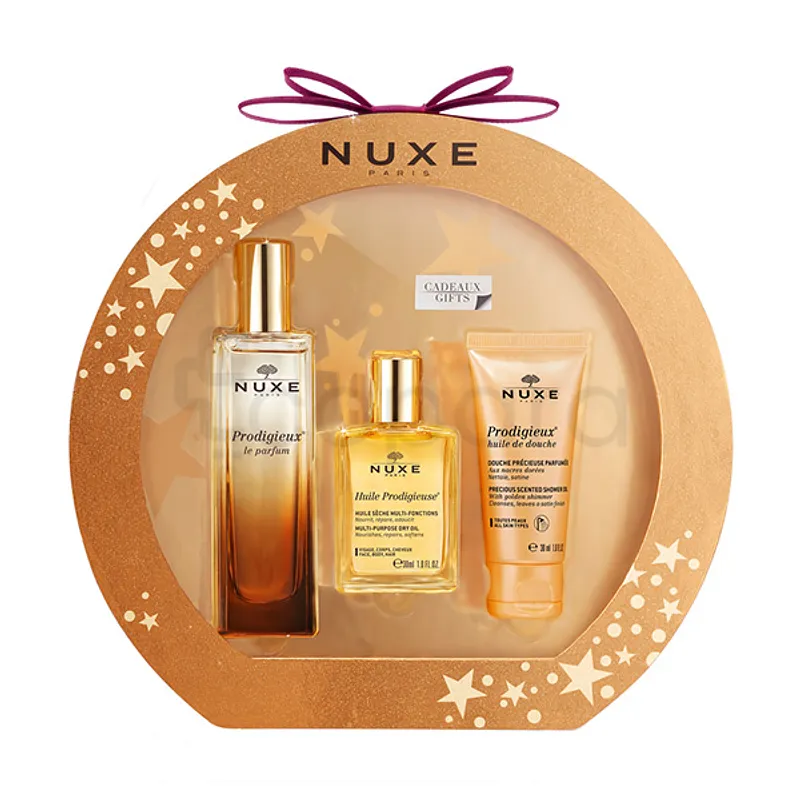 NUXE PRODIGIEUX COFFRET NOEL 2017 PARFUM 50ML + HUILE DE DOUCHE 30ML + HUILE VISAGE-CORPS-CHEVEUX 30ML