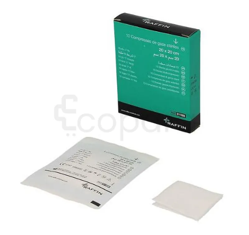 RAFFIN COMPRESSES DE GAZE HYDROPHILE STERILES 20CM*20CM BOITE DE 10 REFERENCE 011088