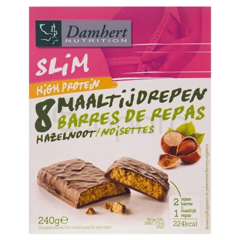 DAMHERT NUTRITION SLIM BARRES DE REPAS NOISETTES HIGH PROTEIN 240G BOITE DE 8
