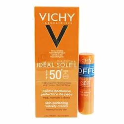 VICHY IDEAL SOLEIL CREME ONCTUEUSE PERFECTRICE DE PEAU SPF50+ 50ML + LIP CARE BAUME A LEVRES SPF30 OFFERT