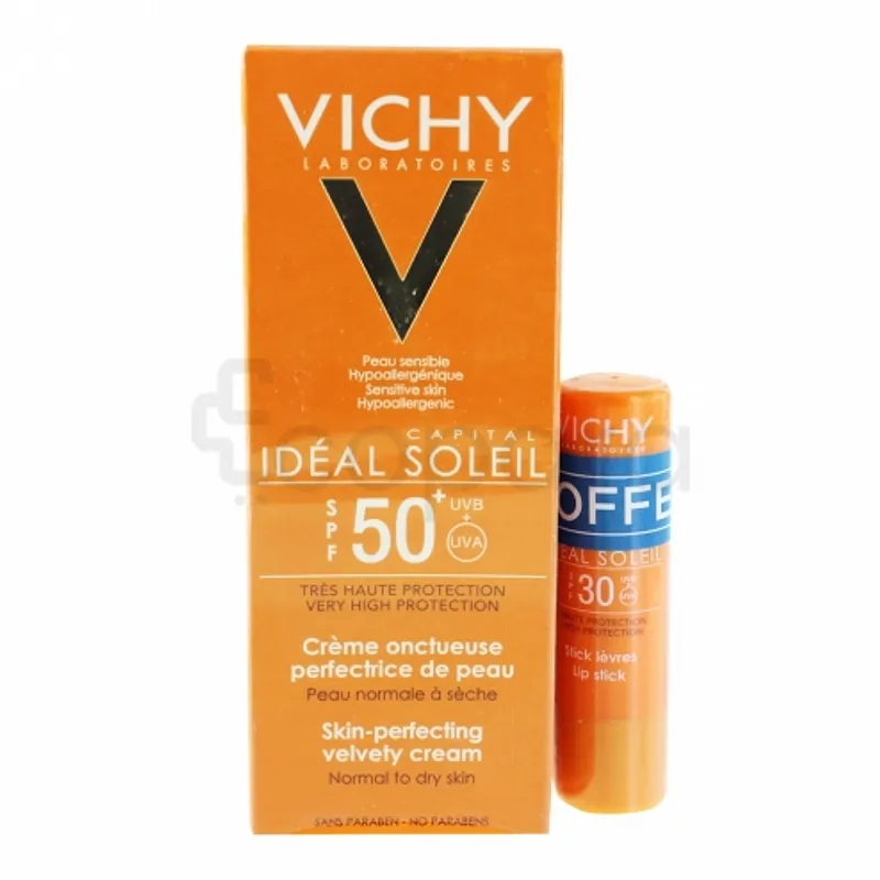 VICHY IDEAL SOLEIL CREME ONCTUEUSE PERFECTRICE DE PEAU SPF50+ 50ML + LIP CARE BAUME A LEVRES SPF30 OFFERT