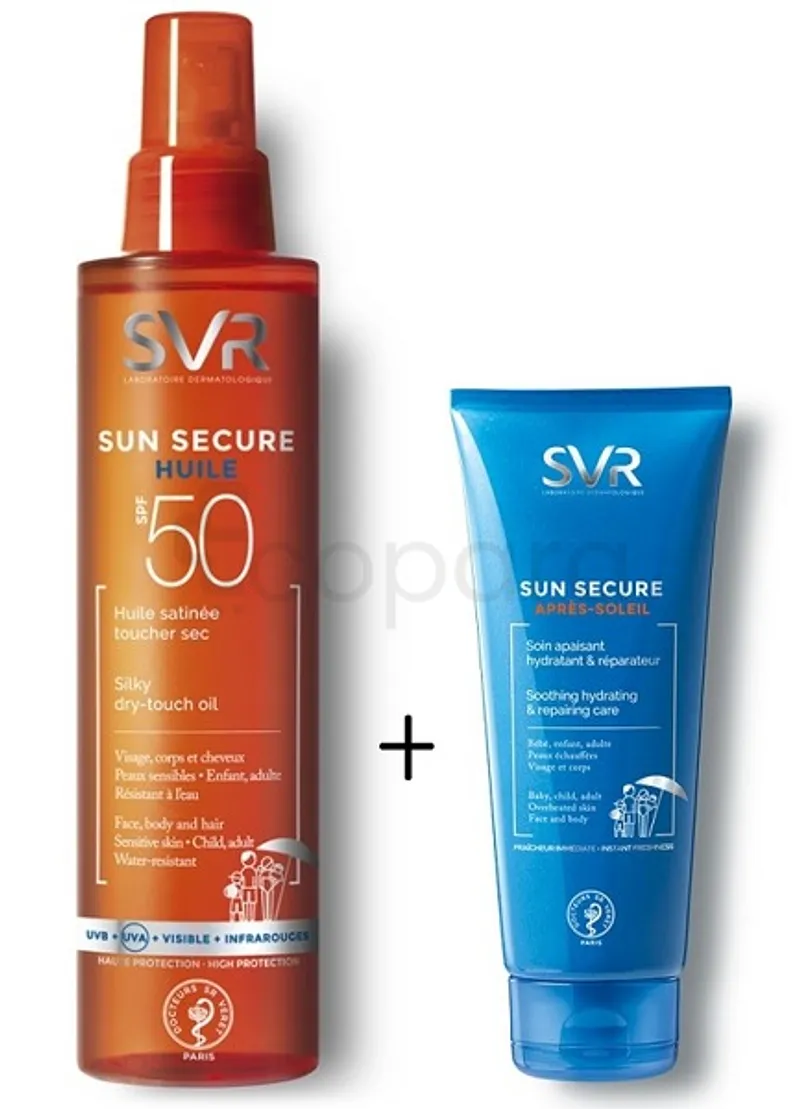 SVR SUN SECURE PACK HUILE SECHE SPF50 200ML + APRES SOLEIL SOIN APAISANT HYDRATANT 200ML OFFERT