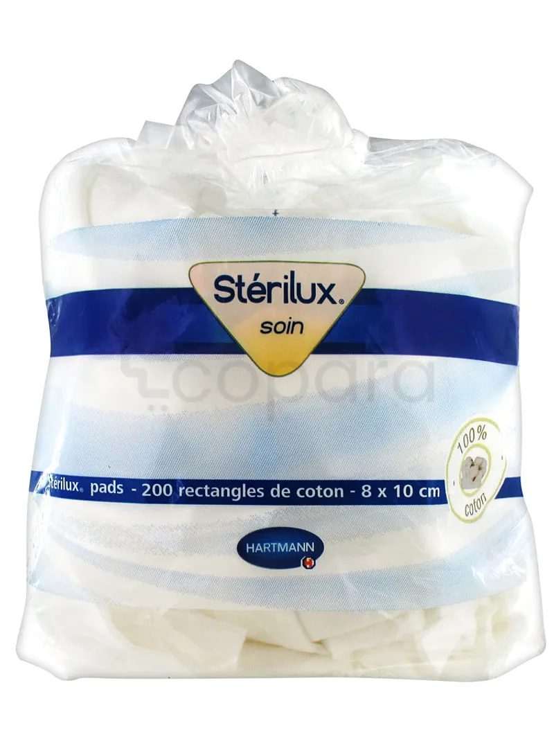 HARTMANN STERILUX SOIN PADS RECTANGLES COTTON 8*10CM BOITE DE 200 REFERENCE 918409