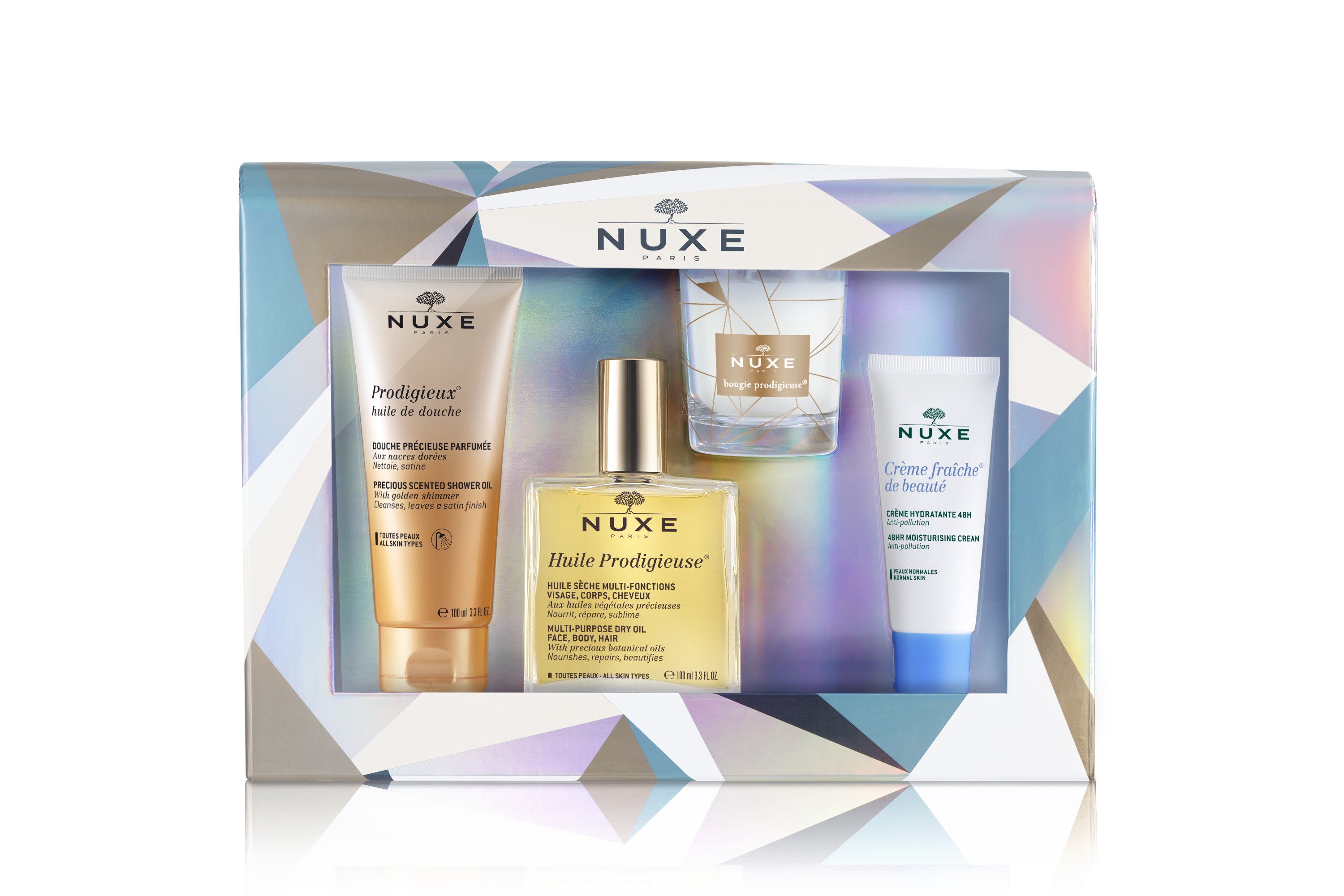 NUXE COFFRET PRODIGIEUX NOEL 2018 HUILE DE DOUCHE 100ML + HUILE PRODIGIEUSE 100ML + BOUGIE + CREME FRAICHE 50ML