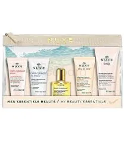 NUXE TROUSSE MES ESSENTIELS DE BEAUTE MINIATURES CRÈME FRAÎCHE DE BEAUTÉ 15ML + HUILE PRODIGIEUSE 10ML + RÊVE DE MIEL CREME MAINS 15ML + GEL DOUCHE 30ML + CREME EXFOLIANTE 15ML