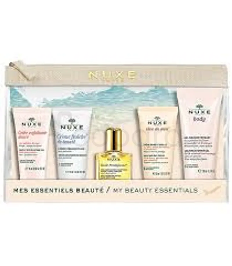 NUXE TROUSSE MES ESSENTIELS DE BEAUTE MINIATURES CRÈME FRAÎCHE DE BEAUTÉ 15ML + HUILE PRODIGIEUSE 10ML + RÊVE DE MIEL CREME MAINS 15ML + GEL DOUCHE 30ML + CREME EXFOLIANTE 15ML