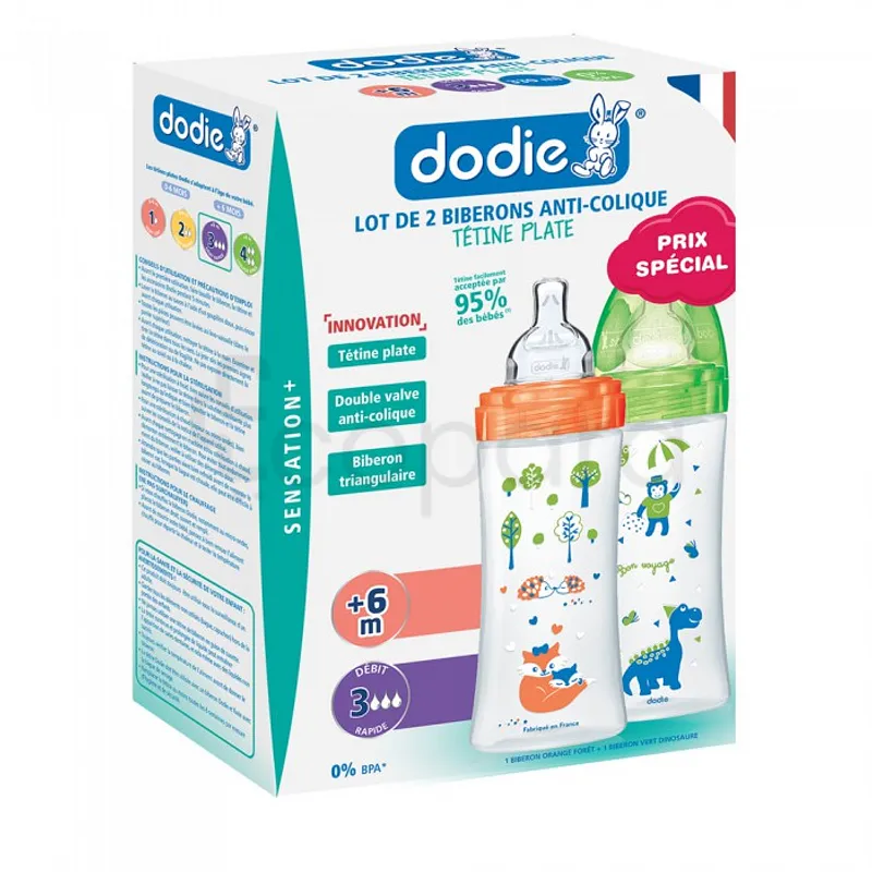 DODIE COFFRET BIBERONS SENSATION+ +6MOIS VERT ET ORANGE TETINE PLATE 330ML BOITE DE 2