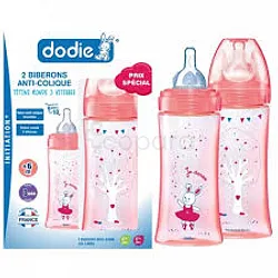 DODIE PACK 2 BIBERONS ANTI-COLIQUES TETINE RONDE 3 VITESSES POUR FILLE 330ML REFERENCE 6001329