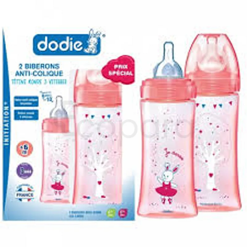 DODIE PACK 2 BIBERONS ANTI-COLIQUES TETINE RONDE 3 VITESSES POUR FILLE 330ML REFERENCE 6001329