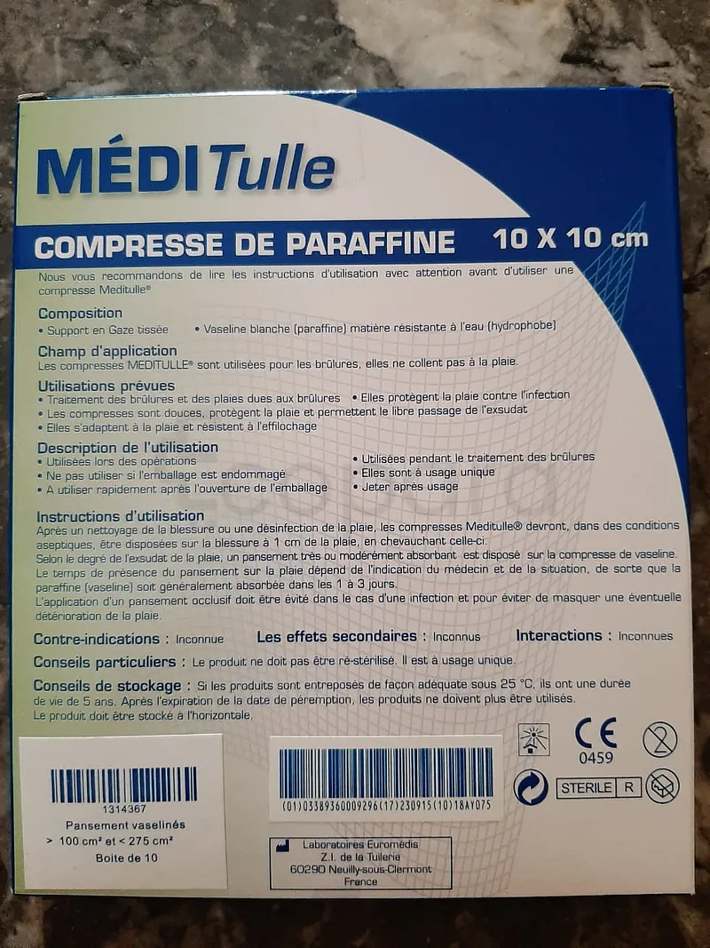 MEDI TULLE COMPRESSE DE PARAFFINE 10*10CM BOITE DE 10