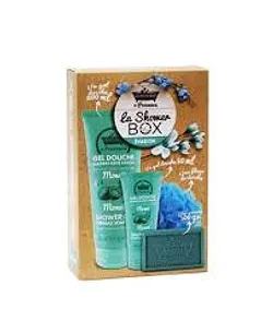 LES PETITS BAINS DE PROVENCE SHOWER BOX EVASION GEL DOUCHE MONOI 200ML + GEL DOUCHE MONOI 50ML + FLEUR DE DOUCHE BLEUE + SAVON DE MARSEILLE PAIN MONOI 100G