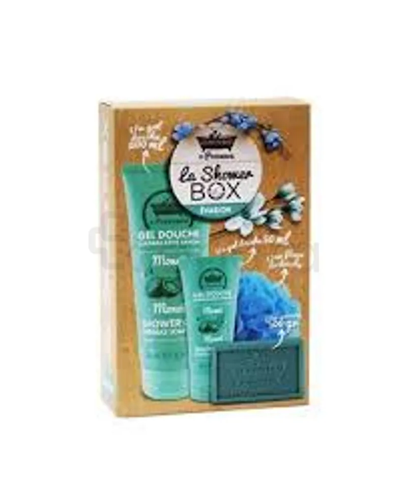 LES PETITS BAINS DE PROVENCE SHOWER BOX EVASION GEL DOUCHE MONOI 200ML + GEL DOUCHE MONOI 50ML + FLEUR DE DOUCHE BLEUE + SAVON DE MARSEILLE PAIN MONOI 100G