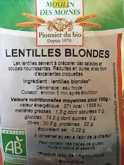 MOULIN DES MOINES LENTILLES BLONDES 500G