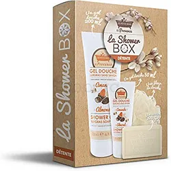 LES PETITS BAINS DE PROVENCE SHOWER BOX DETENTE GEL DOUCHE AMANDE 200ML + GEL DOUCHE AMANDE 50ML + FLEUR DE DOUCHE BEIGE + SAVON DE MARSEILLE PAIN MIEL VANILLE 100G
