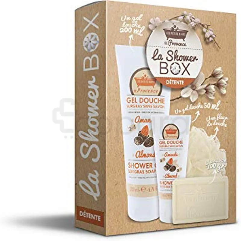 LES PETITS BAINS DE PROVENCE SHOWER BOX DETENTE GEL DOUCHE AMANDE 200ML + GEL DOUCHE AMANDE 50ML + FLEUR DE DOUCHE BEIGE + SAVON DE MARSEILLE PAIN MIEL VANILLE 100G