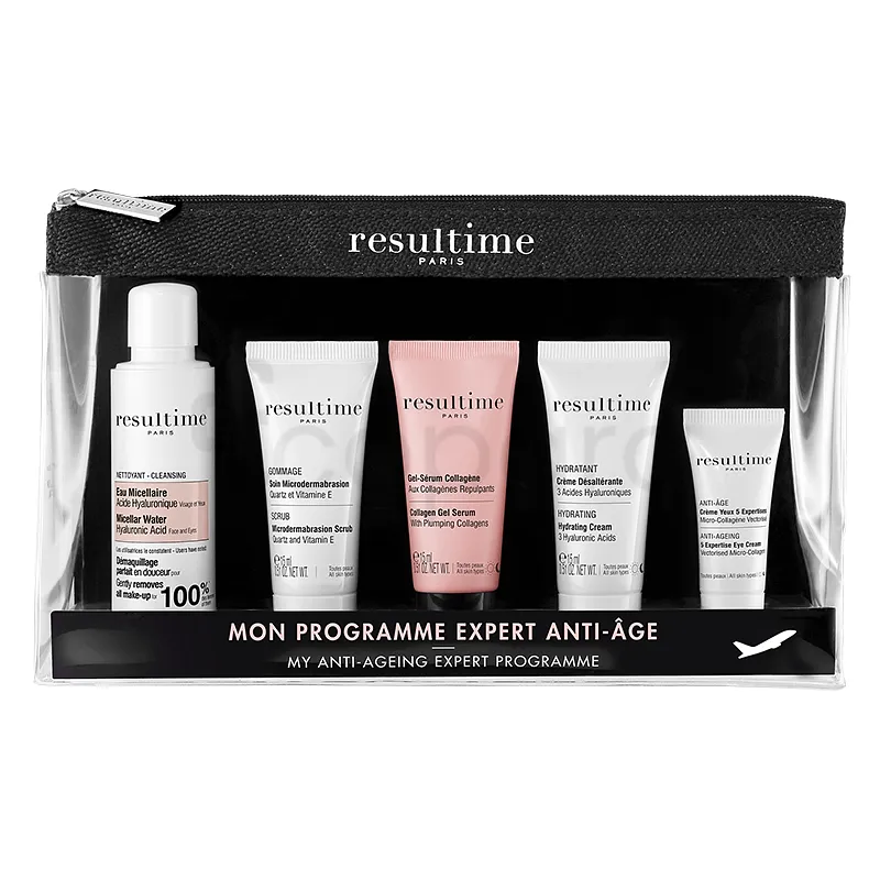 RESULTIME TROUSSE VOYAGE EAU MICELLAIRE 50ML + GOMMAGE 15ML + GEL SERUM COLLAGENE 15ML + CREME 3 ACIDES HYALURONIQUES 15ML + CREME YEUX 5 EXPERTISES 5ML