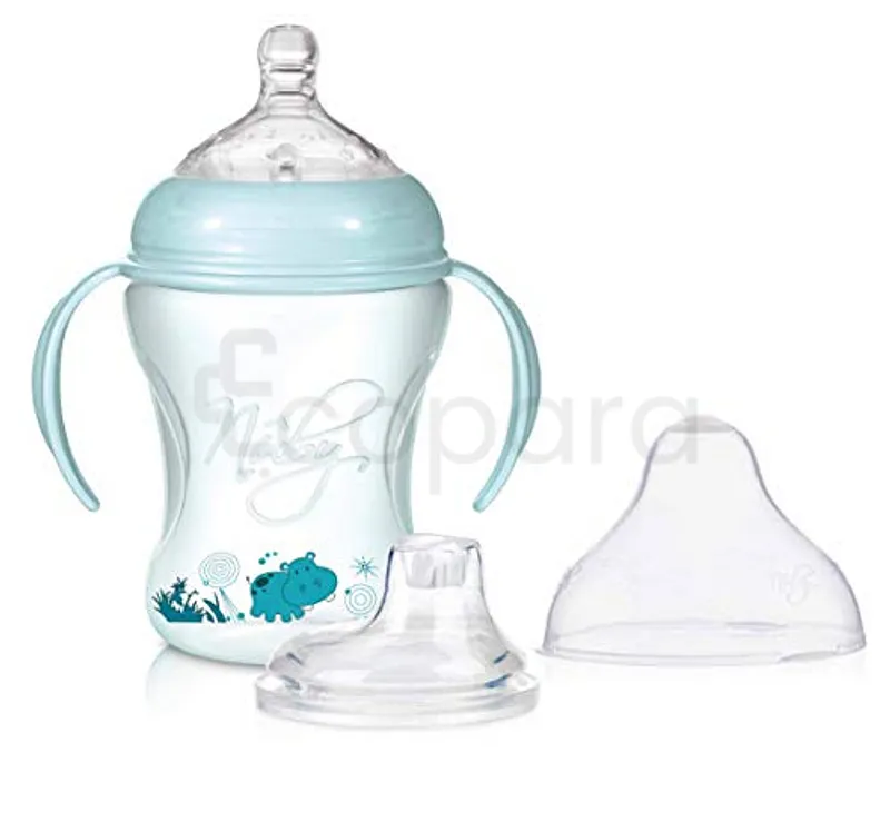 NUBY BIBERON COL LARGE À ANSES BLEU CLAIR +3MOIS 240ML REFERENCE NT68003