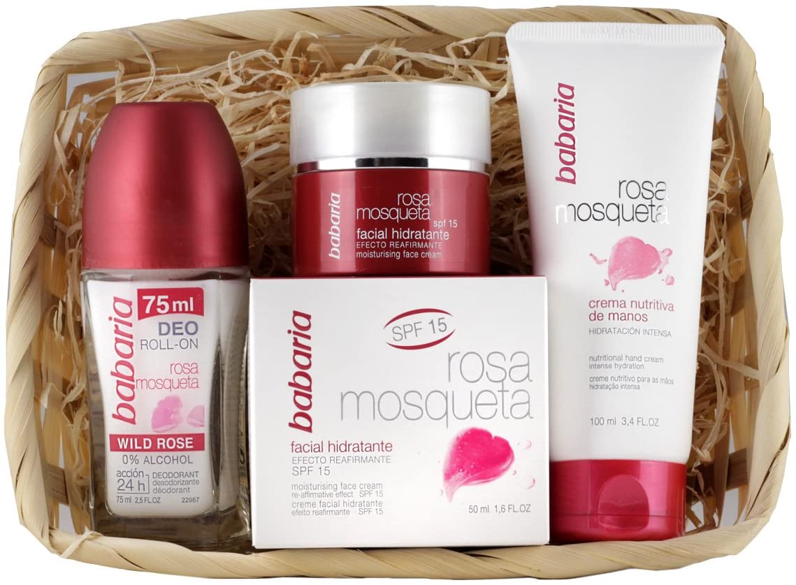 BABARIA PANIER ROSE CREME VISAGE ANTI-RIDES + CREME VISAGE QUOTIDIENNE + CREME MAINS + ROLL-ON 75ML