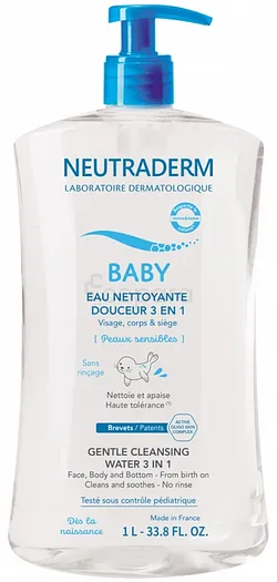 NEUTRADERM BABY EAU NETTOYANTE DOUCEUR 3 EN 1 VISAGE CORPS ET SIEGE PEAUX SENSIBLES 1L