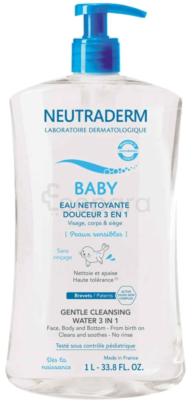 NEUTRADERM BABY EAU NETTOYANTE DOUCEUR 3 EN 1 VISAGE CORPS ET SIEGE PEAUX SENSIBLES 1L