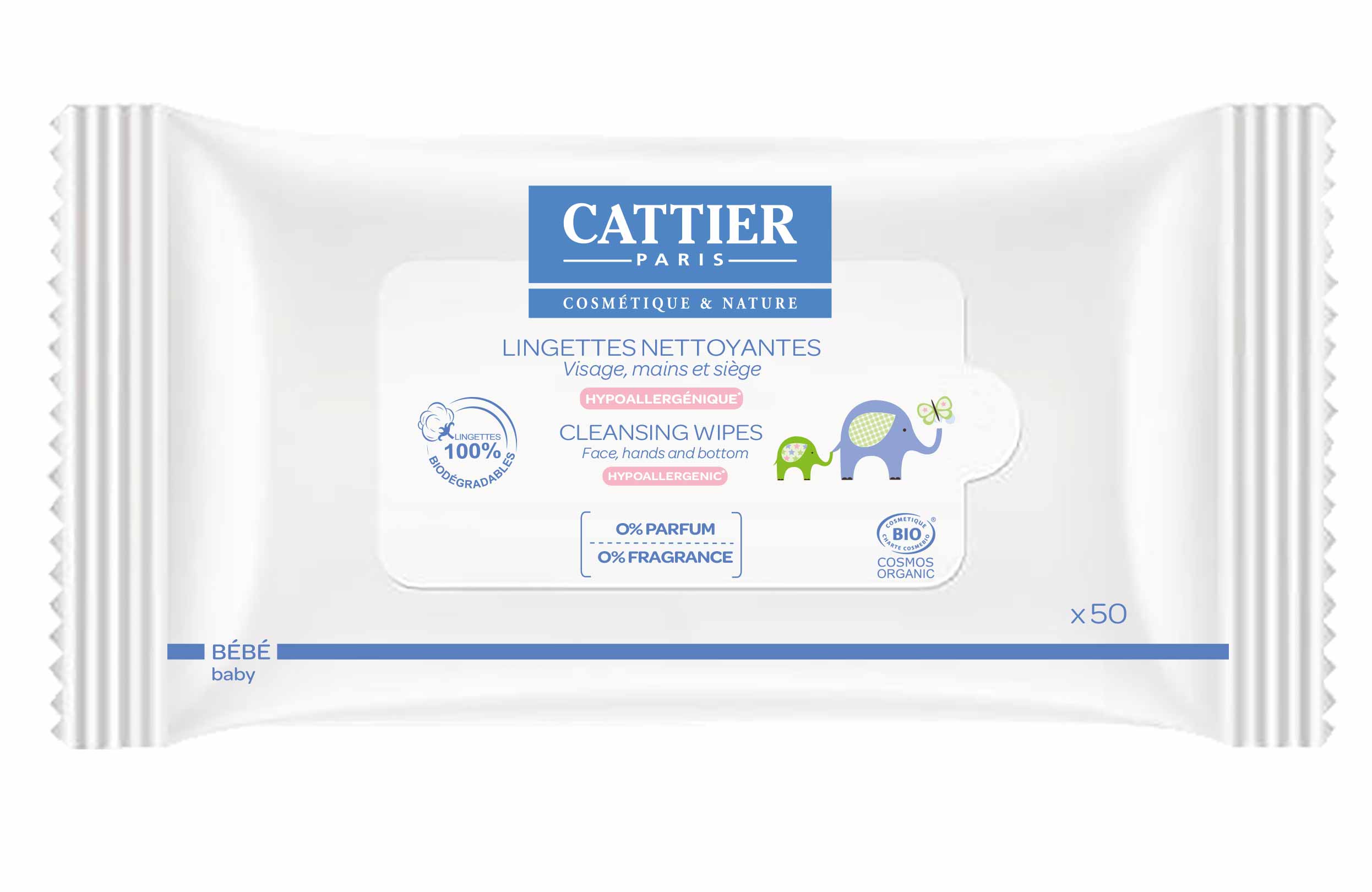 CATTIER LINGETTES NETTOYANTES VISAGE MAINS ET SIEGE BOITE DE 50