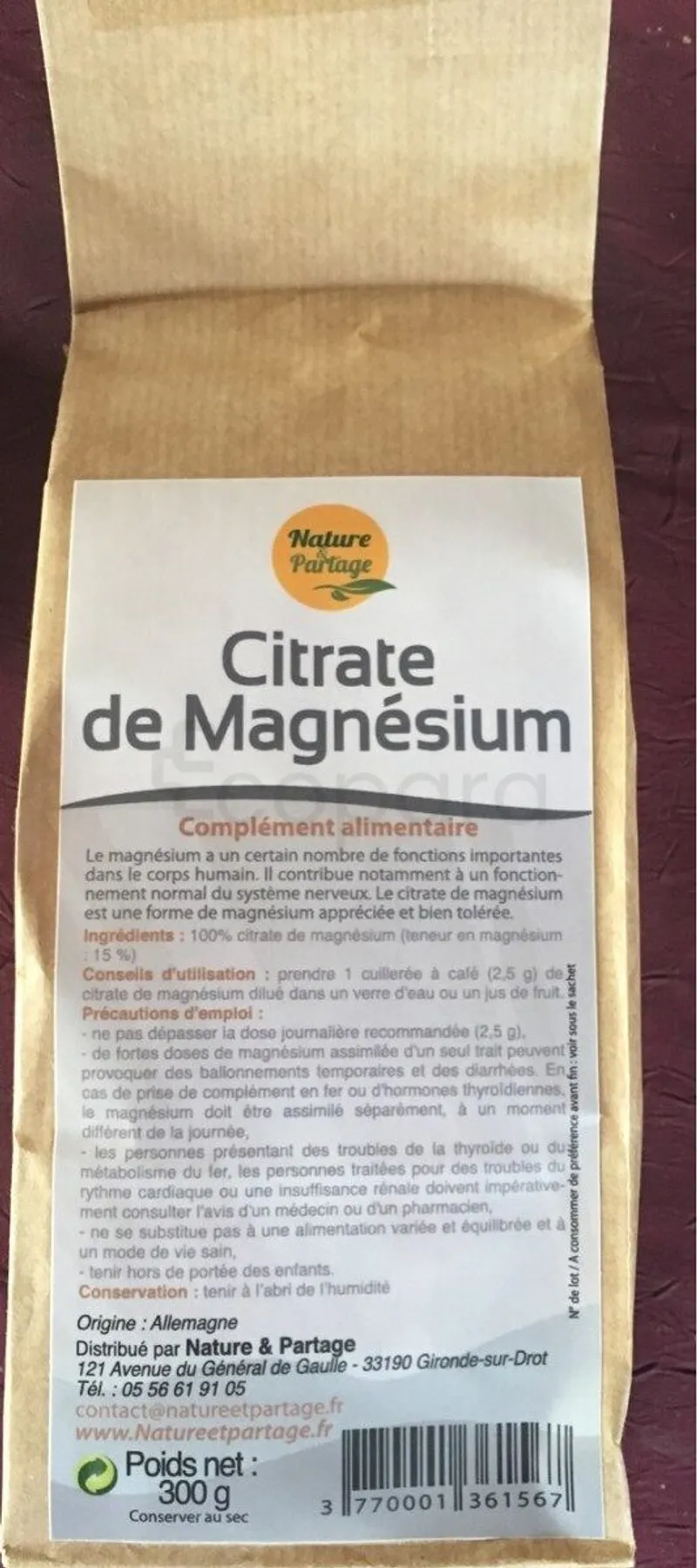 NATURE ET PARTAGE CITRATE DE MAGNESIUM 300G