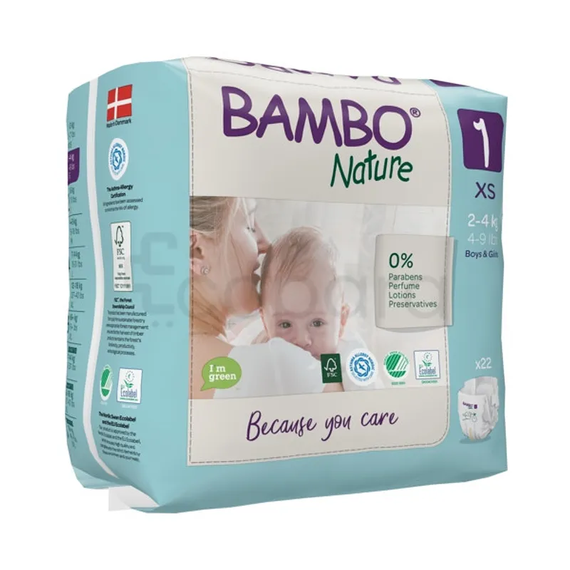 BAMBO NATURE COUCHES BEBE 2-4KG TAILLE 1 BOITE DE 22