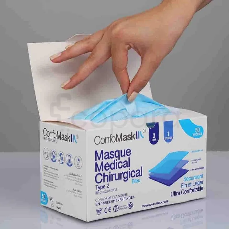 CONFOMASK III MEDICAL SURGICAL MASK MASQUE CHIRURGICAL TYPE 2 BLEU BOITE DE 50