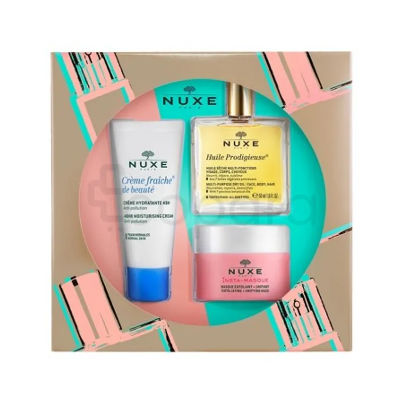 NUXE COFFRET DECOUVERTE HUILE PRODIGIEUSE 50ML + CREME FRAICHE DE BEAUTE 30ML + MASQUE EXFOLIANT UNIFIANT ROSE & MACADAMIA 50ML