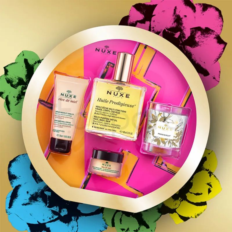 NUXE COFFRET PRODIGIEUX HUILE PRODIGIEUSE 100ML + CREME MAINS ET ONGLES 30ML + BAUME A LEVRES 15ML + BOUGIE