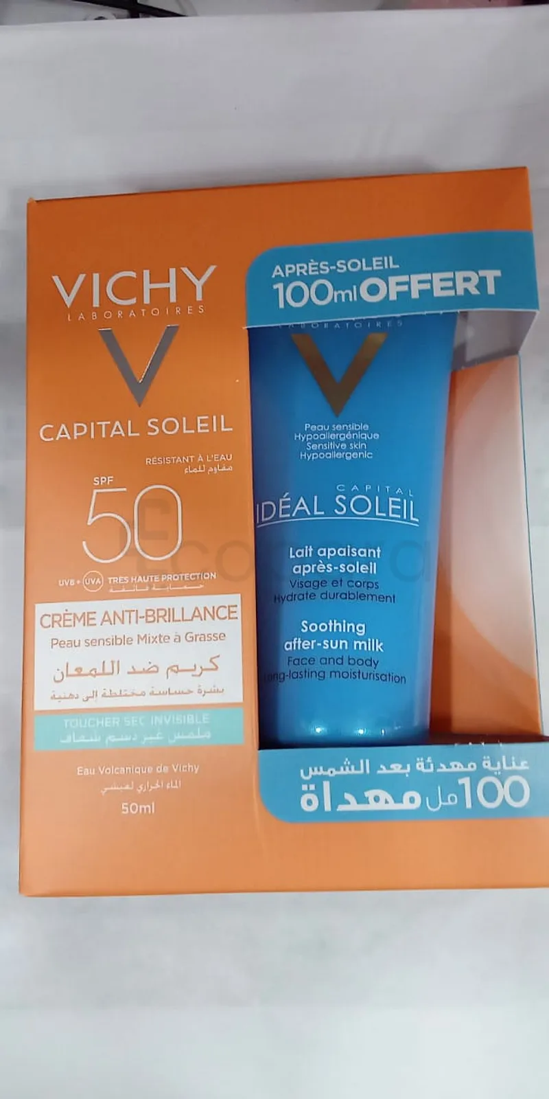 VICHY CAPITAL SOLEIL CREME ANTI-BRILLANCE TOUCHER SEC INVISIBLE 50ML + APRES SOLEIL 100ML OFFERT