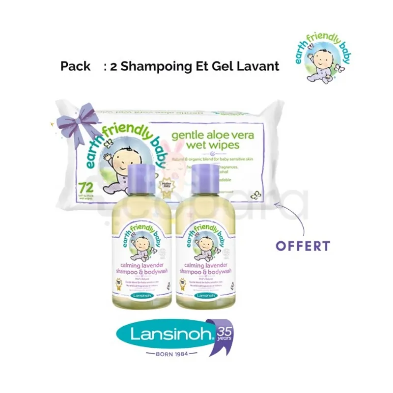 LANSINOH PACK SHAMPOOING GEL LAVANT 250ML*2 + LINGETTES BOITE DE 72 OFFERTE