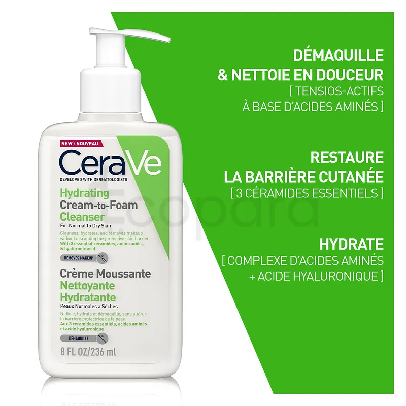 CERAVE CREME MOUSSANTE NETTOYANTE HYDRATANTE PEAUX NORMALES A SECHES 236ML