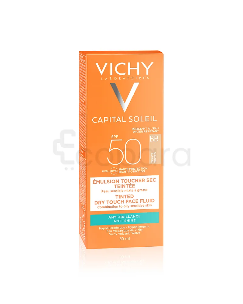 VICHY IDEAL SOLEIL BB EMULSION TEINTE HALE NATUREL TOUCHER SEC PEAU SENSIBLE MIXTE A GRASSE SPF50 50ML