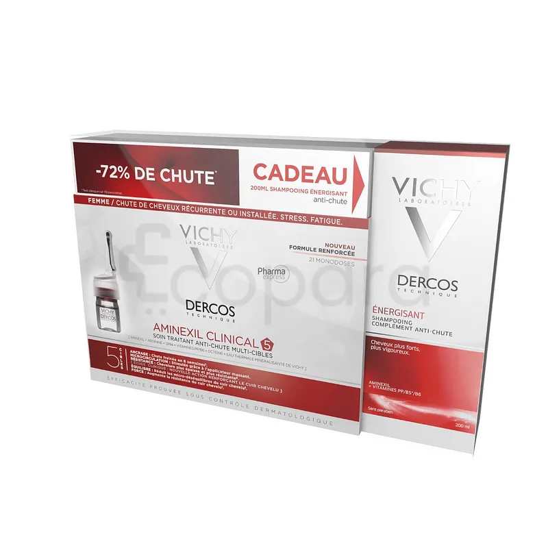 VICHY DERCOS AMINEXIL CLINICAL 5 FEMME SOIN TRAITANT ANTI-CHUTE BOITE DE 21 MONODOSES + SHAMPOOING ENERGISANT 50ML