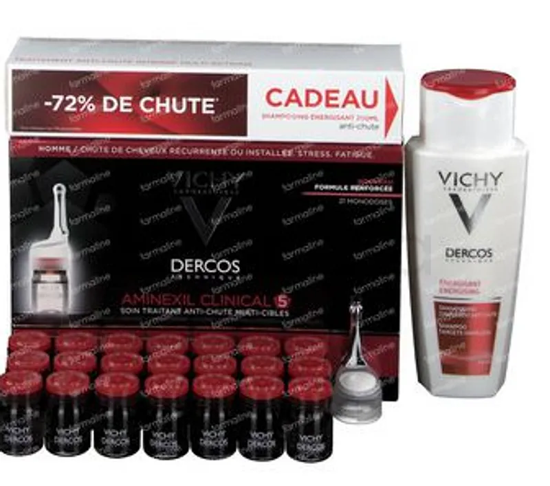 VICHY DERCOS AMINEXIL CLINICAL 5 HOMME SOIN TRAITANT ANTI-CHUTE BOITE DE 21 MONODOSES + SHAMPOOING ENERGISANT 50ML
